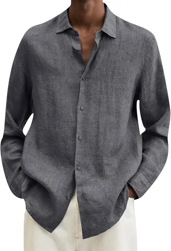 Vista 9 de EFOFEI Camisa de algodón y lino con botones para hombre, camisas casuales de manga larga, con solapa, color sólido