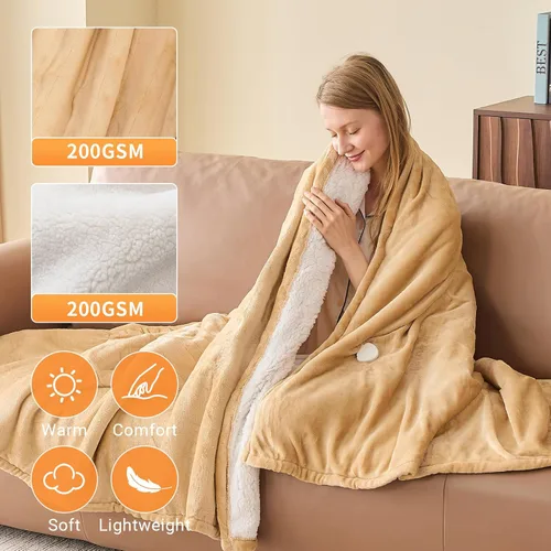 Vista 2 de Manta térmica eléctrica de 50 x 60 pulgadas, manta eléctrica de franela suave y sherpa con 10 niveles de calefacción, se apaga automáticamente