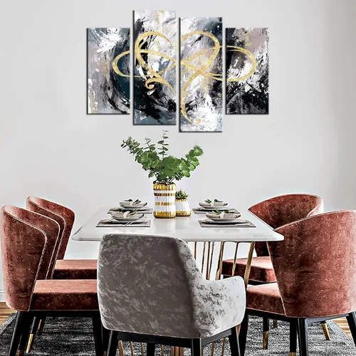 Vista 2 de iHAPPYWALL Lienzo de 4 paneles con diseño de corazón infinito, arte abstracto de amor eterno, geométrico, gris y dorado, para dormitorio, sala