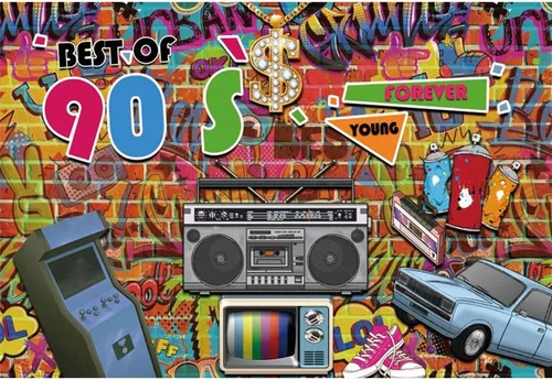Vista 8 de AOFOTO Telón de fondo de feliz cumpleaños de los años 80 y 90, de 5 x 3 pies, tema de regreso a los 80, 90, hip-hop, rock, fondo de cumpleaños