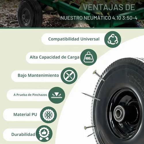 Vista 4 de Neumático y rueda 4.10/3.50-4, neumáticos sólidos de 10" con rodamiento de 5/8", rodamientos adicionales de 3/4" y 1/2", cubo con desplazamiento