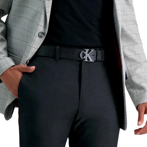 Vista 5 de Calvin Klein Cinturón casual con hebilla de placa para hombre con tratamiento de logotipo, NegroPlata