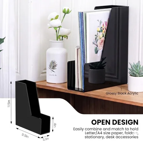 Vista 8 de LALOBLUE Paquete de 4 contenedores organizadores de escritorio verticales negros Plástico, para revistas, carpetas, cuadernos, sobres, paquete