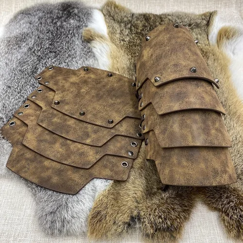 Vista 5 de HiiFeuer Brazo medieval de piel sintética de 4 capas, armadura de brazo, guanteletes mercenarios de la Edad Media, Guardias de brazo de arquero