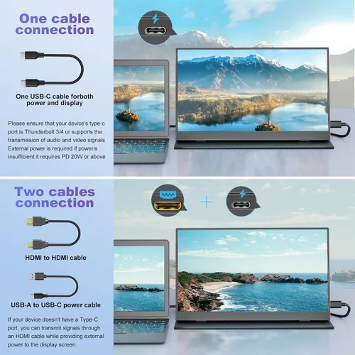 Vista 3 de Monitor portátil de 18,5 pulgadas, FHD USB-C HDMI 1080P 100% sRGB
