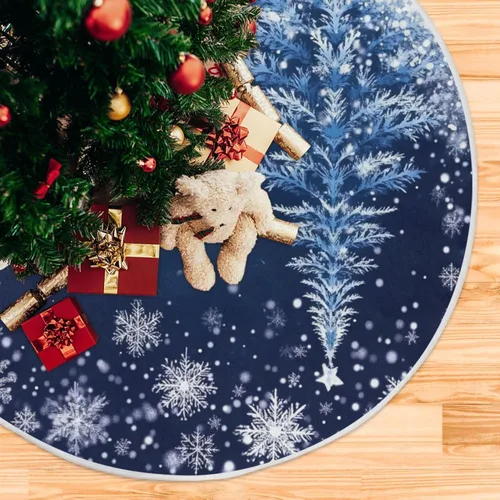 Vista 5 de Falda de árbol de Navidad azul de 36 pulgadas, decoraciones de copo de nieve plateado, tapete de árbol de Navidad para invierno, pequeño