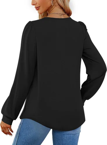 Vista 5 de Funlingo 2023 - Blusas de manga larga para mujer, estilo túnica, plisadas, con cuello cuadrado, estilo casual, holgadas