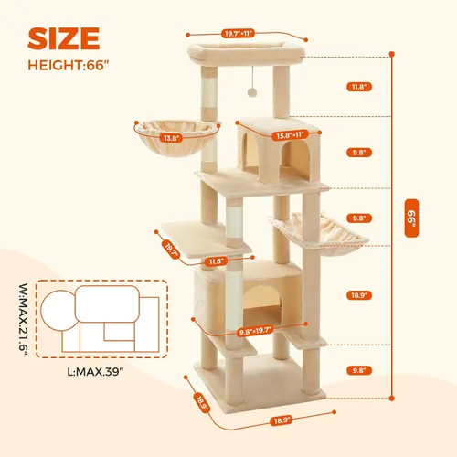 Vista 5 de PEQULTI Árbol para gatos de interior de 66 pulgadas, torre grande para gatos con poste rascador cubierto de sisal, hamaca de metal súper grande