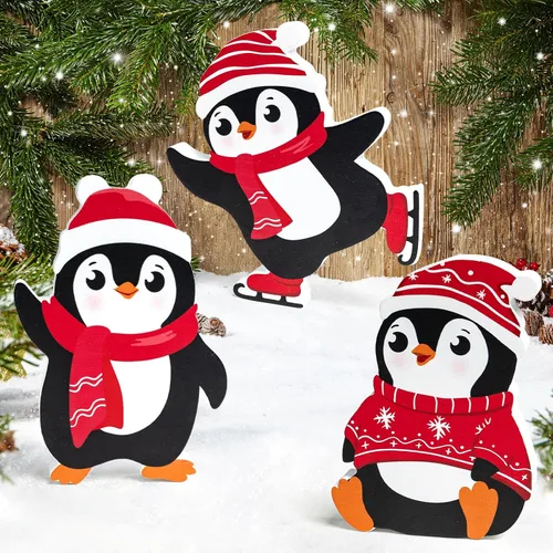Vista 8 de COCHIE Decoraciones de Navidad de pingüinos para interior, lindo juego de decoración de bandeja escalonada de pingüinos de invierno de 3 piezas