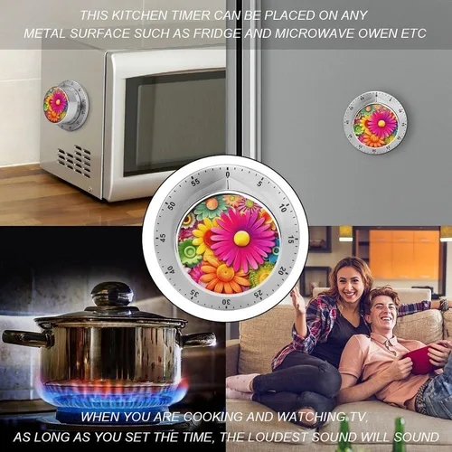 Vista 4 de Cartoon Style Flowers Mechanical Kitchen Timer for Cooking 60 Min with Magnetic Backing Loud Alarm,Stainless Steel Wind Up Countdown Timer Cute Egg