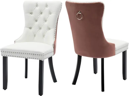 Vista 59 de Juego de 2 sillas de comedor de terciopelo, silla de comedor tapizada de alta gama con tirador de anillo en la espalda, adorno de clavos y patas