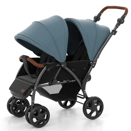 Vista 11 de INFANS Cochecito doble, cochecito plegable en tándem para bebé con respaldo ajustable, toldo, reposapiés, arnés de 5 puntos, canasta