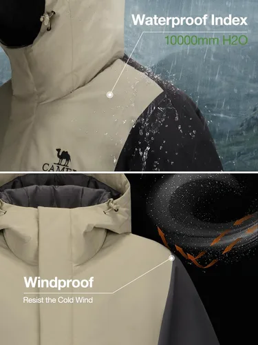Vista 2 de CAMEL Chaqueta de esquí para hombre, abrigo de invierno, impermeable, chaqueta de snowboard cálida con capucha, parka resistente al viento, ropa