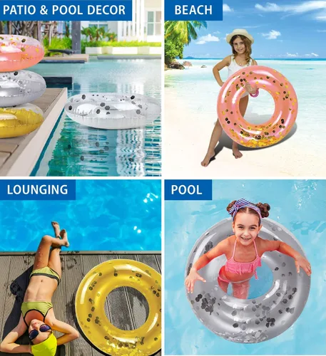 Vista 3 de Paquete de 4 flotadores inflables para piscina para niños, anillos flotantes de piscina rellenos de confeti brillante, lindos flotadores de piscina