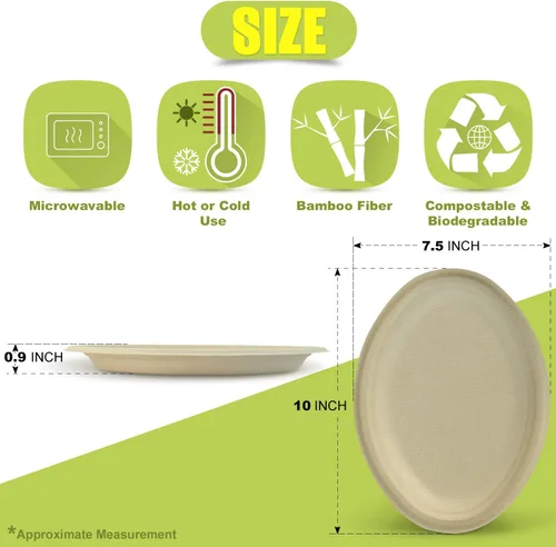 Vista 6 de Green Earth, Platos compostables de 10 pulgadas, 125 unidades, fibras de bambú naturales, vajilla diaria – Biodegradable, desechable, forma ovalada