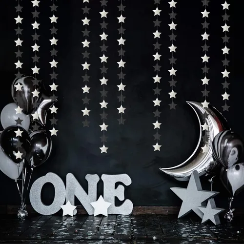 Vista 5 de Guirnalda de decoración de cumpleaños y graduación en negro y plata - 18.9 metros de serpentinas brillantes con purpurina y estrellas colgantes