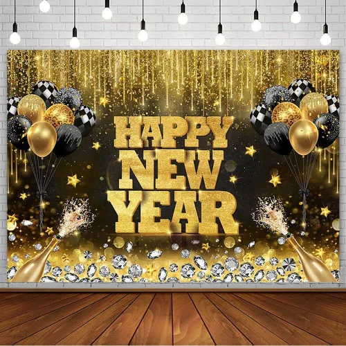 Vista 24 de AIBIIN Telón de fondo de 7 x 5 pies con texto en inglés «Happy New Year» 2026, noche de la ciudad, víspera de Año Nuevo, grandiosos fuegos Fuegos