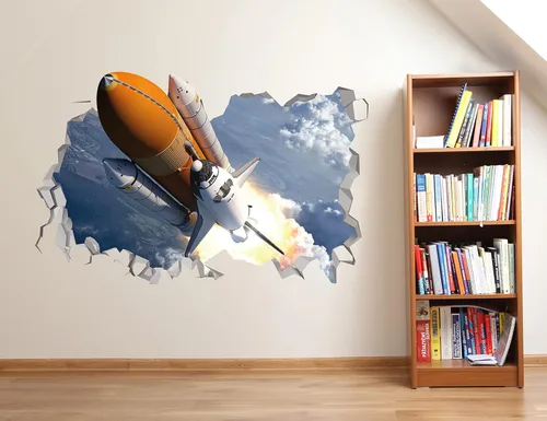 Vista 2 de Calcomanía de pared 3D de lanzadera espacial, decoración de dormitorio temática espacial, decoración de pared espacial para despegar y pegar