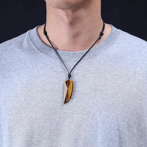 Vista 2 de COAI Collar con colgante de piedra de diente de lobo de cordón de cuero, Piedra, marrón, ojo de tigre