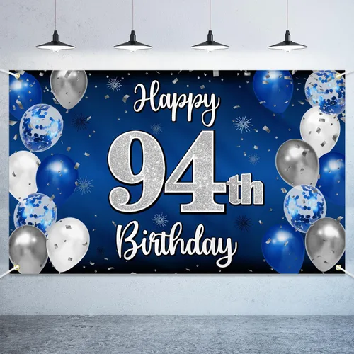Vista 66 de Decoración de feliz cumpleaños número 100, globo azul y plateado grande cartel de fondo de cumpleaños de 100 años - Suministros para fiesta