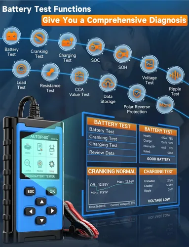 Vista 4 de AUTOPHIX Escáner OBD2 2 en 1 con probador de batería, BAS300 Plus 12V 100-2000 CCA carga de batería prueba de arranque lector de código de coche