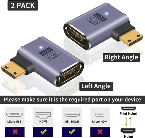 Vista 2 de Poyiccot Adaptador Mini HDMI a HDMI 8K, 90 grados de ángulo izquierdo y recto Mini-HDMI 2.1 convertidor con 48Gbps y 8K @60hz compatible con cámara