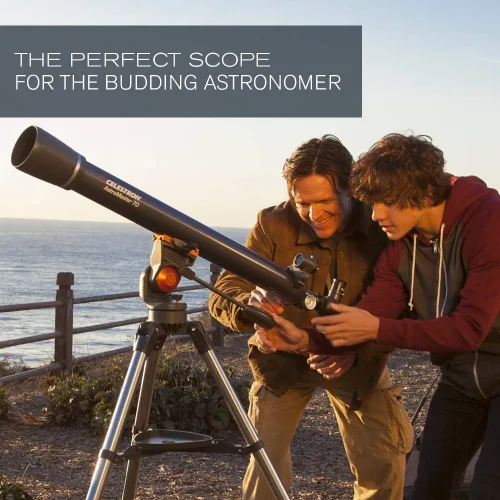 Vista 7 de Celestron – Telescopio AstroMaster 70AZ – Telescopio refractor – Óptica de vidrio totalmente recubierta – Trípode de altura ajustable – Paquete