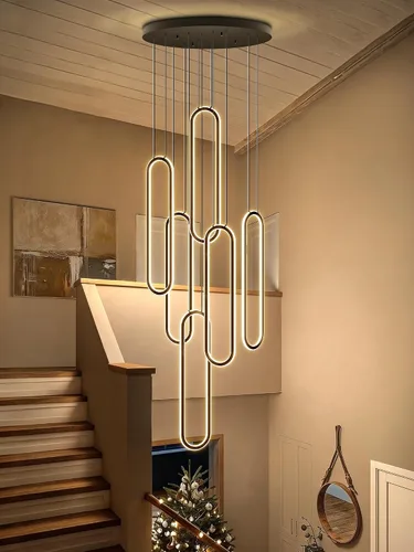 Vista 15 de Flashing God Candelabro moderno, candelabros cromados con 6 anillos LED, lámpara de techo alto más grande para sala de estar, lámpara rectangular