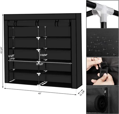 Vista 4 de Organizador de almacenamiento de zapatos de 7 niveles, 36 pares de zapateros portátil de doble fila, estante de armario, torre para armario con Negro
