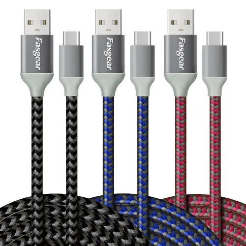 Vista 10 de Fasgear Cables USB C a USB A de 10 pies, paquete de 2, negro, blanco Carga rápida 3A, tipo C 2.0, trenzada, compatible con Galaxy S21 Plus Note 10