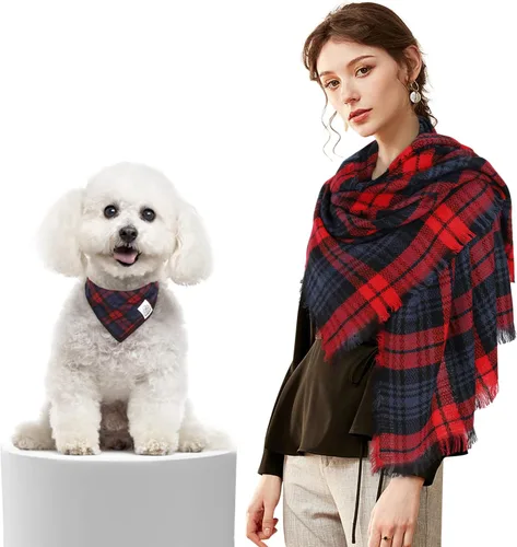 Vista 8 de E-Clover Bandanas navideñas para perros, bufanda a juego para el propietario, bufanda a cuadros para perro, baberos con bufandas de tartán, chal