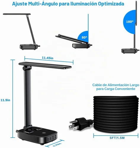Vista 6 de Yostyle Lámpara de escritorio LED con 4 puertos de carga USB y 2 salidas de CA, estación de tira de alimentación con cable de extensión de 5 pies