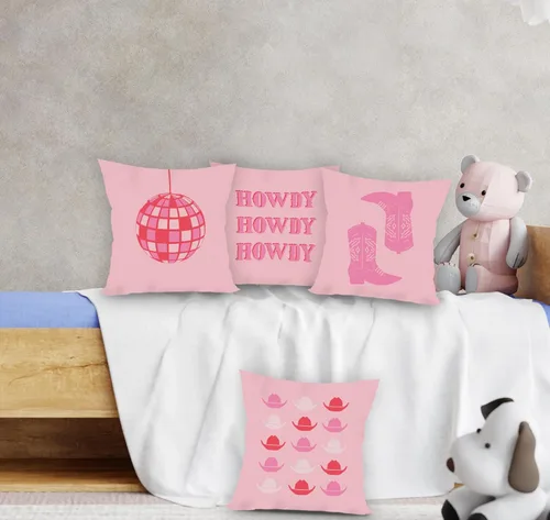 Vista 4 de Juego de 4 fundas de almohada decorativas con diseño de bola de discoteca y vaquera occidental, color rosa intenso, para decoración del hogar