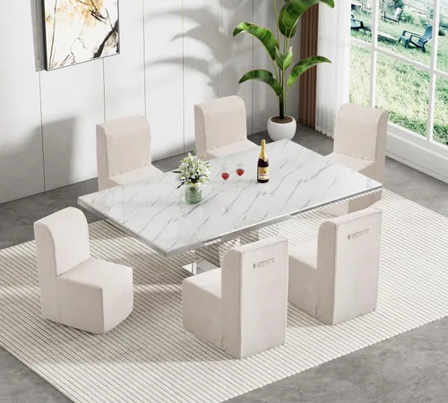 Vista 18 de Juego de mesa de comedor de mármol sintético blanco para 10, juego de mesa de comedor extensible de 11 piezas de 63 a 94 pulgadas con 10 sillas