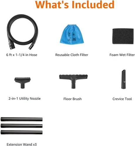 Vista 4 de Amazon Basics Aspiradora Húmeda/Seca, 4 galones, 3 HP, Acero Inoxidable, Gris/Negro