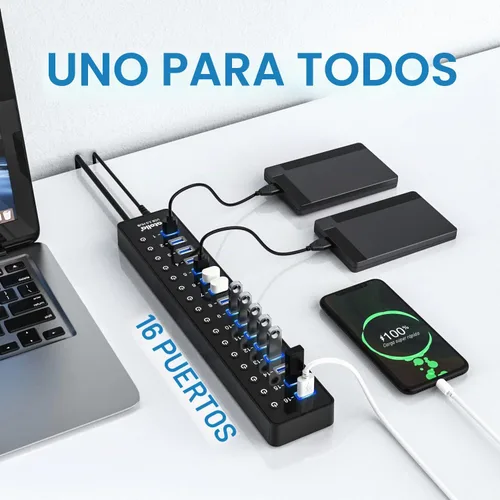 Vista 3 de Hub USB 3.0 de alimentación, divisor USB atolla de 16 puertos con adaptador de corriente de 12 V/6 A e interruptores individuales, transferencia