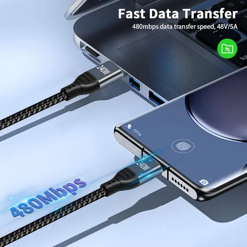 Vista 3 de Duttek Cable USB C de 240 W de 3 pies/3.3 ft, cable USB C a USB C PD 3.1, cable trenzado USB C macho a macho de nailon con chips inteligentes E-Mark