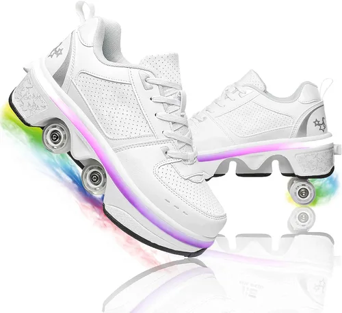 Vista 20 de Zapatos de patinaje convertibles para hombres y mujeres, zapatos de paseo automáticos para niños y adultos, patines con doble fila de ruedas, ruedas