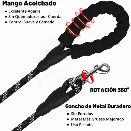 Vista 6 de Correa de perro de cuerda de 3 pies: correa resistente con gancho giratorio bloqueable, hilos reflectantes, bungee y asa acolchada - Correa