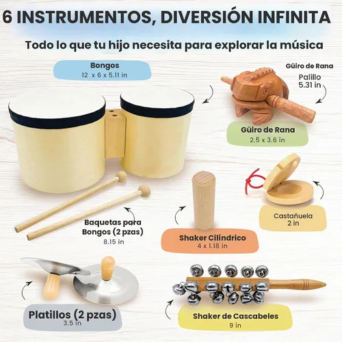 Vista 2 de Juego de batería e instrumentos musicales para niños a partir de 3 años con tambor Bongo Montessori - Juego de instrumentos de percusión de madera