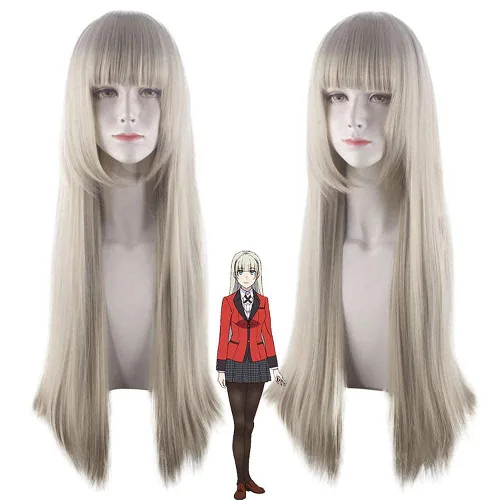 Vista 2 de LCNING Pelucas de cosplay de anime Kakegurui Momobami Ririka, pelucas de fiesta + gorro de peluca