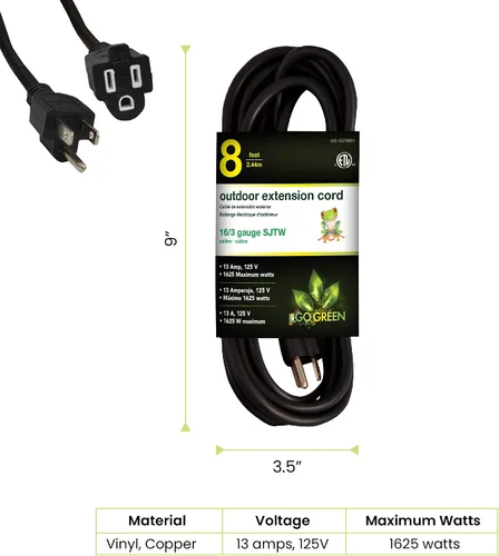 Vista 2 de Go Green Power Inc. (GG-13708BK) - Cable de extensión 16/3 SJTW para exteriores; color negro, 8 pies
