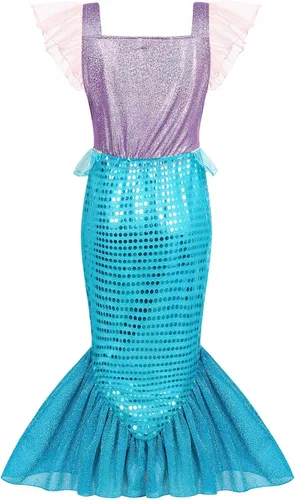 Vista 2 de HenzWorld Mermaid Princess Costume Dress up Outfit Birthday Party Spaghetti Strap Fish Skirt Accessories Jewelry Pink