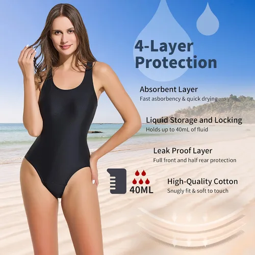 Vista 2 de Leakproof Period Monokini Swimsuit for Women – 12-Hour Protection – 3 Styles: Drawstring, Seamless, Cross-Back Negro-a