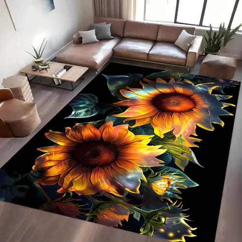 Vista 9 de Alfombra hippie de girasol, 3 x 4 pies, alfombra floral abstracta, alfombra multicolor brillante, antideslizante, fácil de limpiar, para entrada