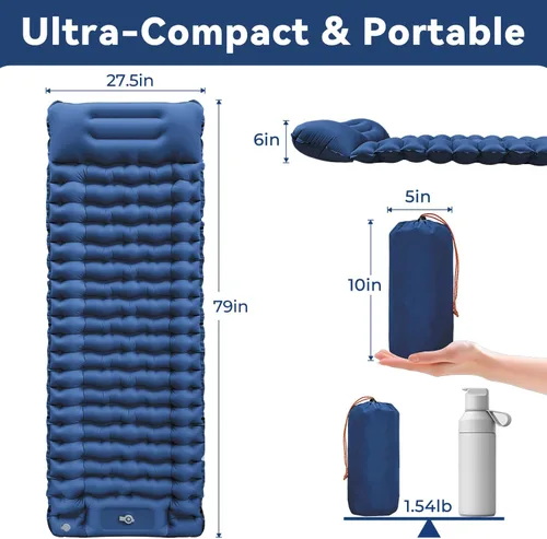 Vista 5 de Colchoneta para dormir, ultraligera e inflable para acampar con almohada con bomba de pie integrada, extra gruesa y compacta para acampar