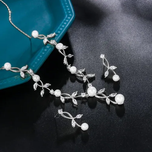 Vista 3 de Juego de joyas de boda nupcial, collar y aretes colgantes para mujer