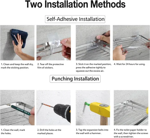Vista 8 de Soporte de papel higiénico con estante de almacenamiento, cepillado, montaje sin taladros, se adapta a toallitas húmedas de tamaño Costco, para baño