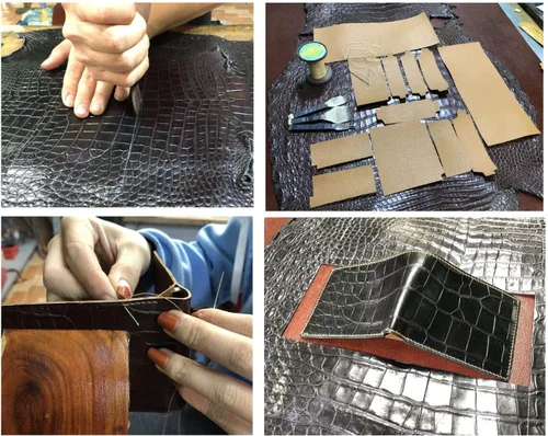 Vista 6 de HATA Cartera plegable de cocodrilo para hombre, hecha a mano para vientre o bocina con bloqueo RFID por vietnamita, Bifold- Black-Croc Belly-Hand