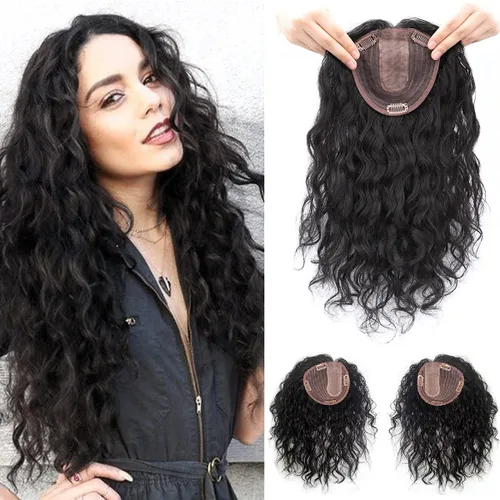 Vista 9 de Peluca de cabello humano rizado natural para mujer, con clip, 5.1 x 5.5 in, parte superior plateada, parte izquierda para cubrir pérdida de cabello